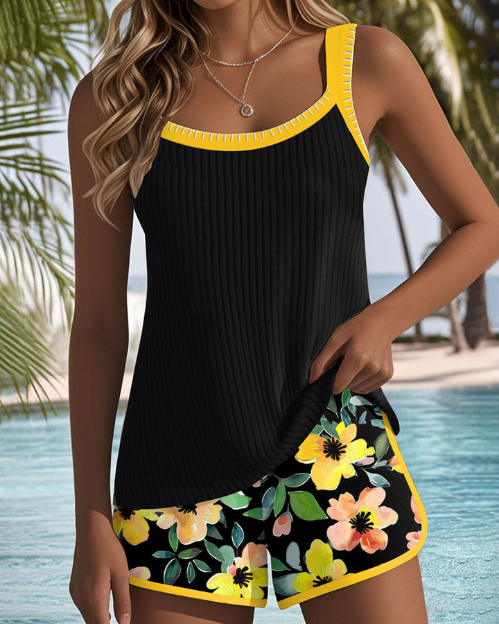 Sophie – Tankini noir avec fleurs et short de plage I Dernier jour 80% de réduction !